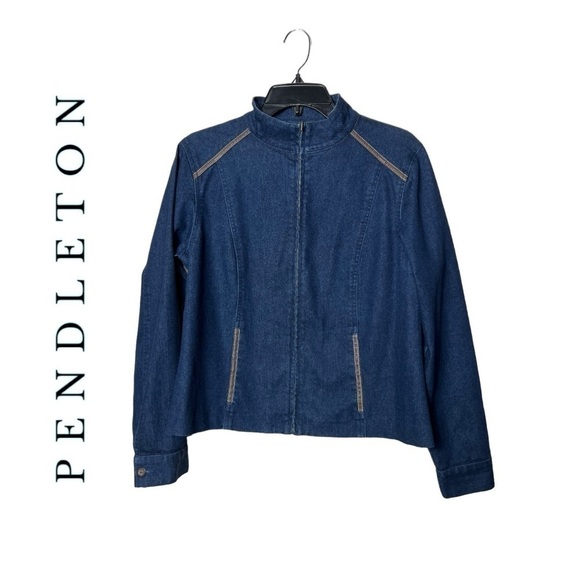 1656. PENDLETON LONG SLEEVE FULL ZIP DENIM JACKET SIZE MEDIUM FAUX LEATHER TRIM - Picture 2 of 10